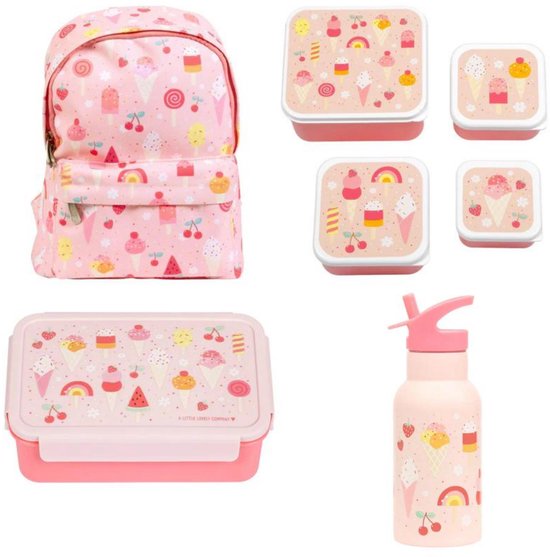 A Little Lovely Company Set rentrée scolaire - Sac à dos/Gourde acier inoxydable/4 Boîtes à goûter/Boîte Bento - Glace