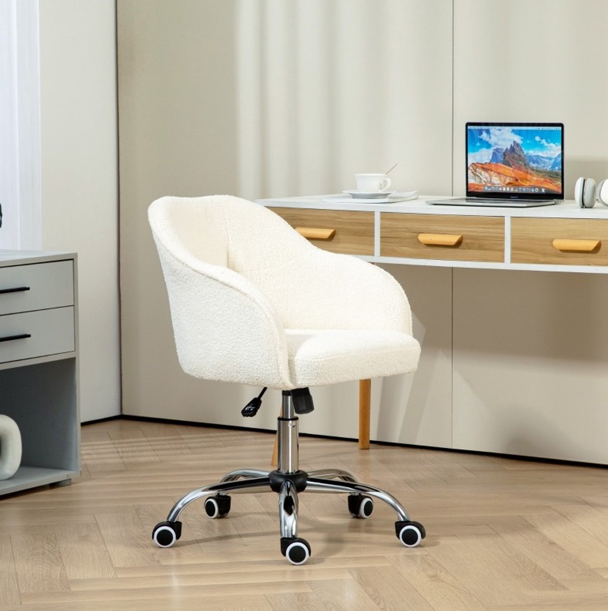 OKWISH Bureaustoel – Ergonomisch En Hoogteverstelbaar Met Wippfunctie – Met Vaste Armleuningen En Wielen – Polyester – Crèmewit