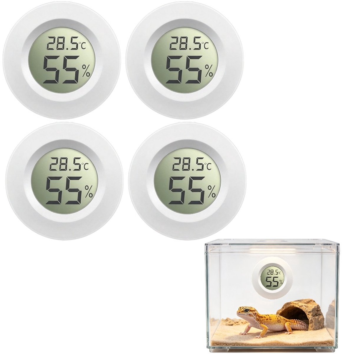 4 stuks - Witte thermometer en hygrometer - Draagbaar - LCD-display - Geschikt voor thuis, kantoor, kas, tuin, reptielenbroedmachine, kelder, enz. - 4,5*1,6 cm