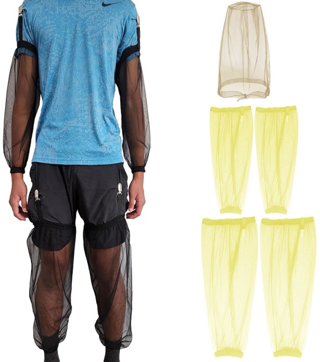 5-delige klamboeset – 1 hoofdnet + 2 armhoezen + 2 beenhoezen – Fijnmazig – Anti-muggenset voor buiten in de zomer – armhoezen – Beenhoezen voor kamperen en sporten – Anti-muggenhoed voor tuinieren en vissen – Geschikt voor kamperen, vissen en meer