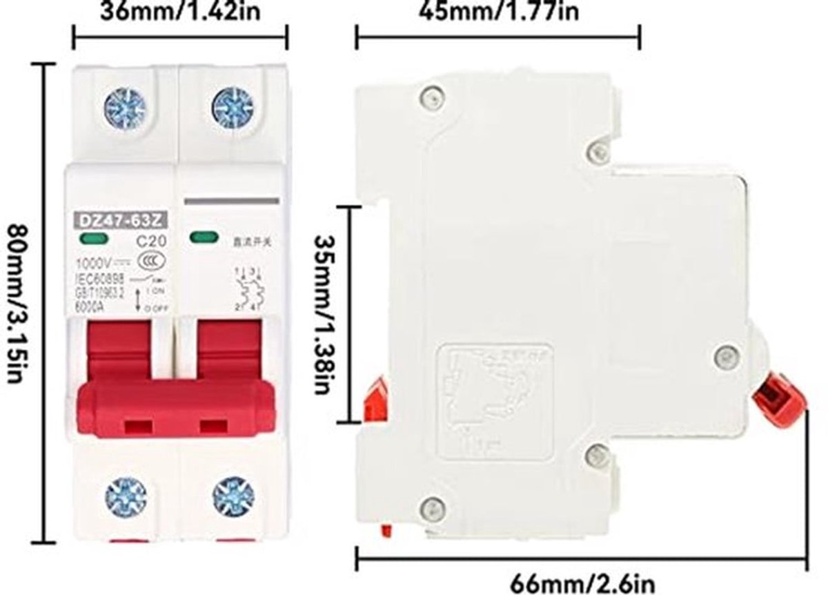 1000V DC Miniatuur Aardlekschakelaar 20A 2P Din Rail Bevestiging Thuis Overbelasting Bescherming Lucht Schakelaar voor Woonhuis Verlichtingsdistributielijnen Zonne-energie Systeem DZ47‑63Z C20