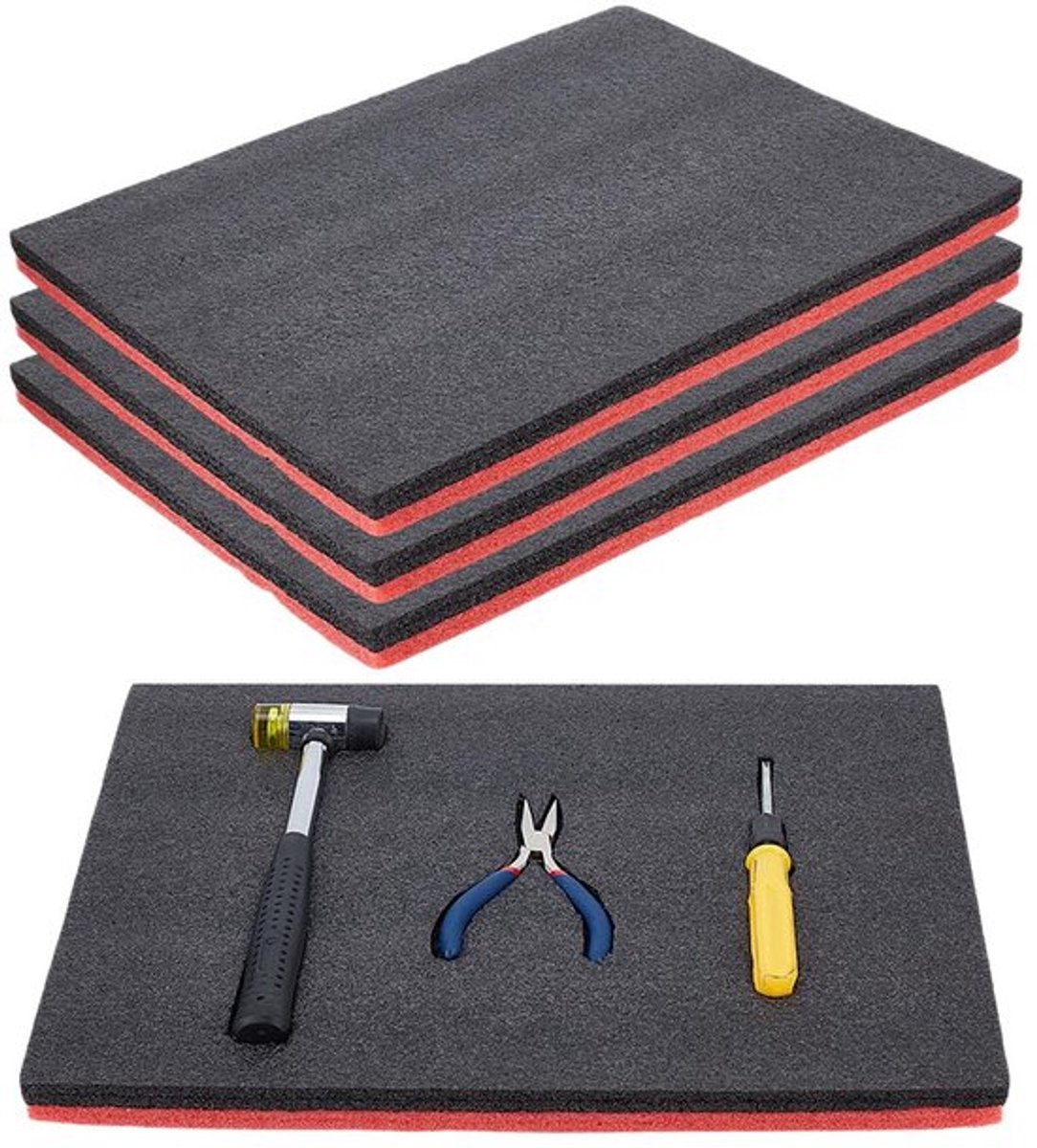 4 stuks gereedschapskistenschuim, polyurethaanschuimplaten, schuiminzetstukken voor koffers, verpakking, gereedschapskist, camera-opslag en knutselspullen, zwart en rood, 41 × 30,5 × 2,5 cm