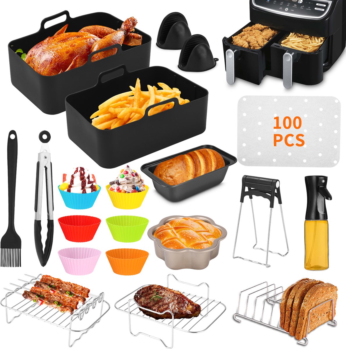 Complete set voor airfryer - Bakaccessoireset - Siliconen bakvormen en -gereedschap - Geschikt voor bakken, gebraden kip, friet, barbecue - Zwart