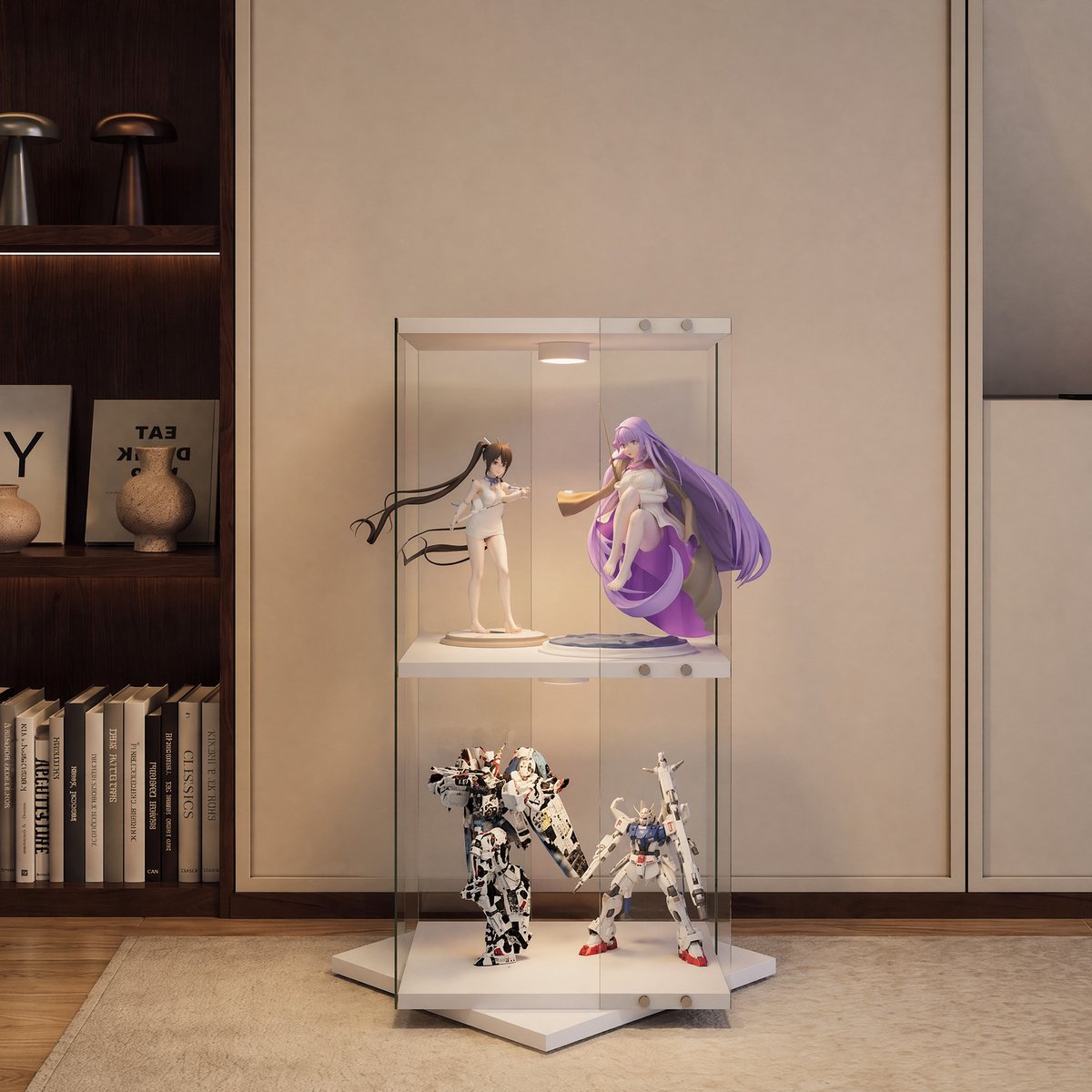 360° draaibare glazen vitrinekast met LED-verlichting, 2/3/4 planken, glazen kast, displaykast, vitrine, open glazen wand. Modern displayrek voor de woonkamer.