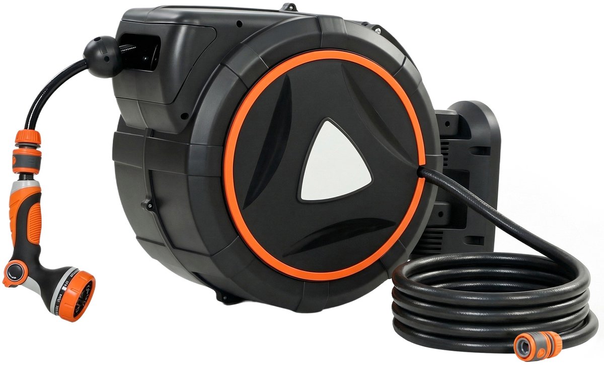 TEKROA® Automatische Tuinslanghaspel 23 m+2 m - Wandslangenbox met 12 Sproeistanden - Zelfoprollend en Draagbaar - Oranje
