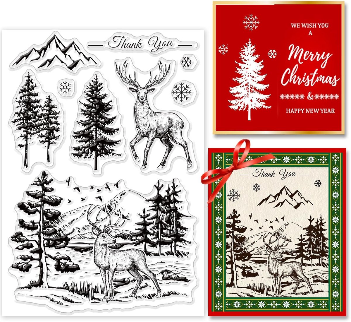 Kerstboomhertenbos Silicium Heldere Stempel Sneeuwvlok Bergboom Heldere Rubberstempel Kerst Achtergrond Stempels Bedankt Heldere Stempels Kerstboomstempels voor Kaartmaken DIY Scrapbooking