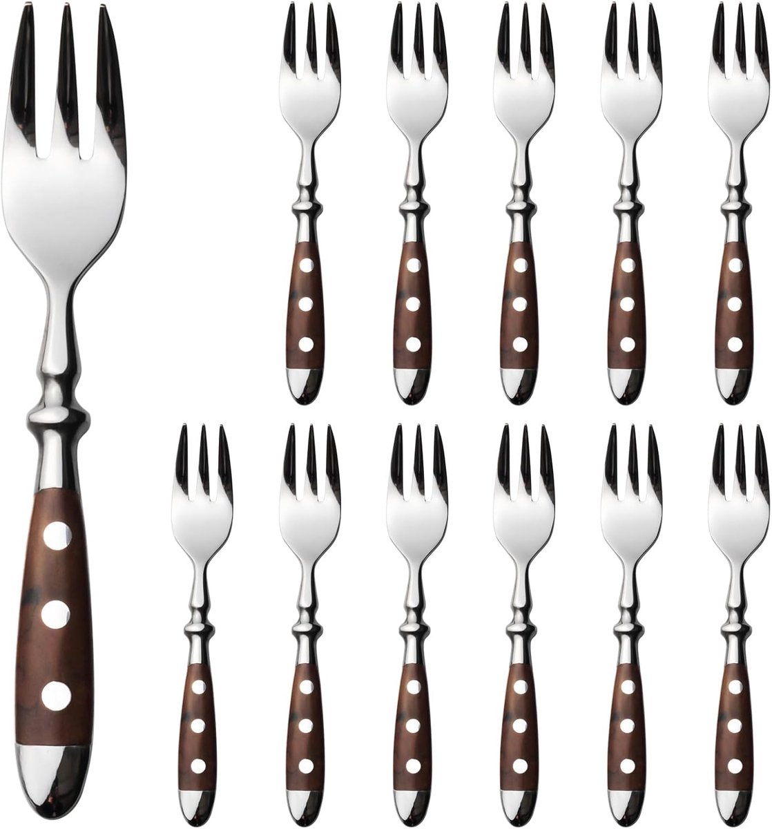 Taartvorken, 12 stuks, roestvrij staal, kleine vorken, set hoogglanzend gepolijste bruine handgrepen, dessertvorken, fruitvorken voor thuis, restaurant, feestspel buiten, bruidspaar, serie