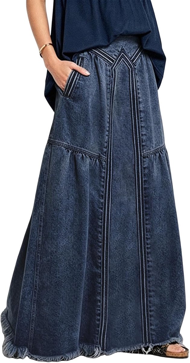 ebossy Casual elastische taille gerafelde zoom A-lijn distressed hippie lange maxi denim rok voor dames