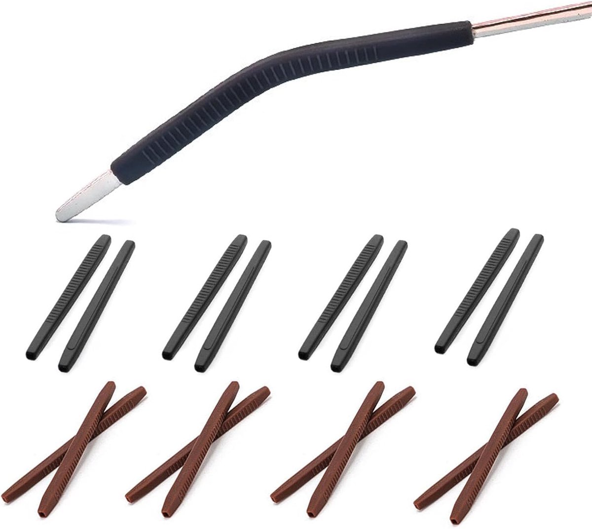 Bril-oorkussentjes Eindtip Grijpers Anti-Slip Siliconen Oorhaken Buis Sleeve Tempeltips 8 Paar, Zwart/Bruin, 60mmx3mm
