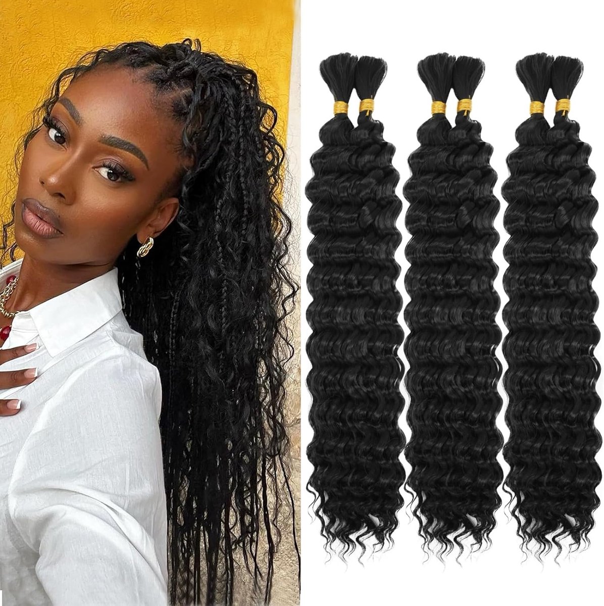 Deep Wave Bulk hair for Braiding 18 inch 2 Bundles/Pack No Weft for Braiding Wavy Synthetic Braiding Hair Extensions for Boho Braids (1B, 24inch(3pack))