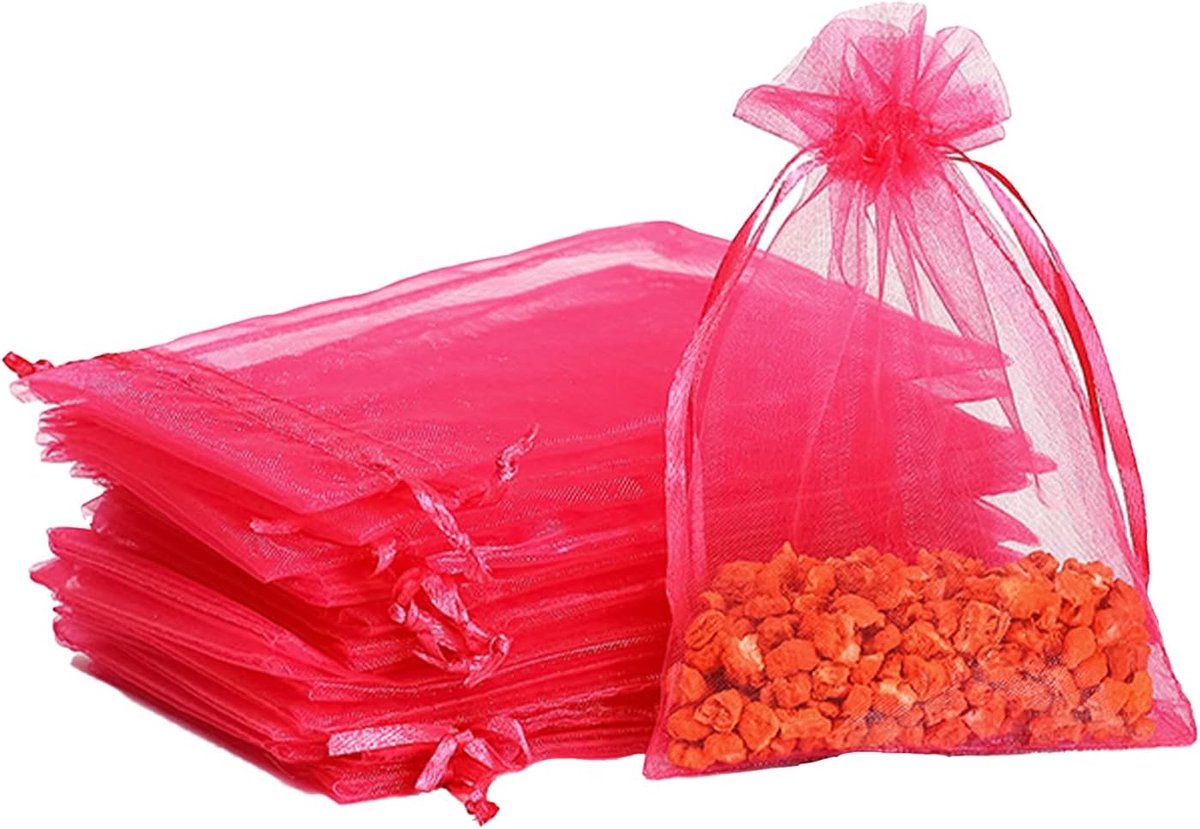 100 stuks rozerode organza geschenkzakjes, 7x9cm kleine organza bedankjeszakjes, trouwsieraden zakjes met trekkoord, mesh snoep bedankjeszakje feest zoete zakjes voor verjaardag, bruiloft, Kerstmis
