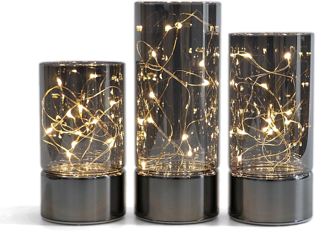 Set van 3 glazen cilinderlantaarns, led-tafellamp met feeënverlichting, op batterijen werkende kaarsen met timerfunctie