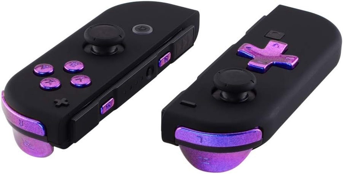 eXtremeRate Kameleon Paars Blauw Vervangende ABXY Richtingstoetsen SR SL L R ZR ZL Triggerknoppen Veren, Volledige Knoppen Reparatiesets met Gereedschap voor Switch Joy-Con & Switch OLED - JoyCon Shell NIET Inbegrepen
