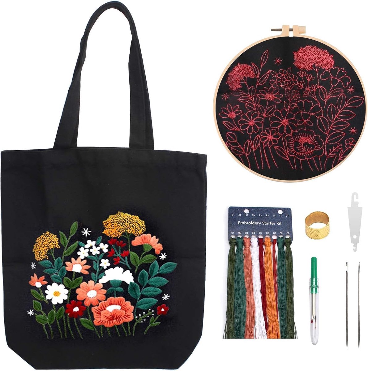 Borduurset voor canvas tas, borduurset met bloemenpatroon, linnen tas, handleiding (mogelijk niet beschikbaar in het Nederlands), doe-het-zelf handgemaakte kruissteek borduurtas voor
