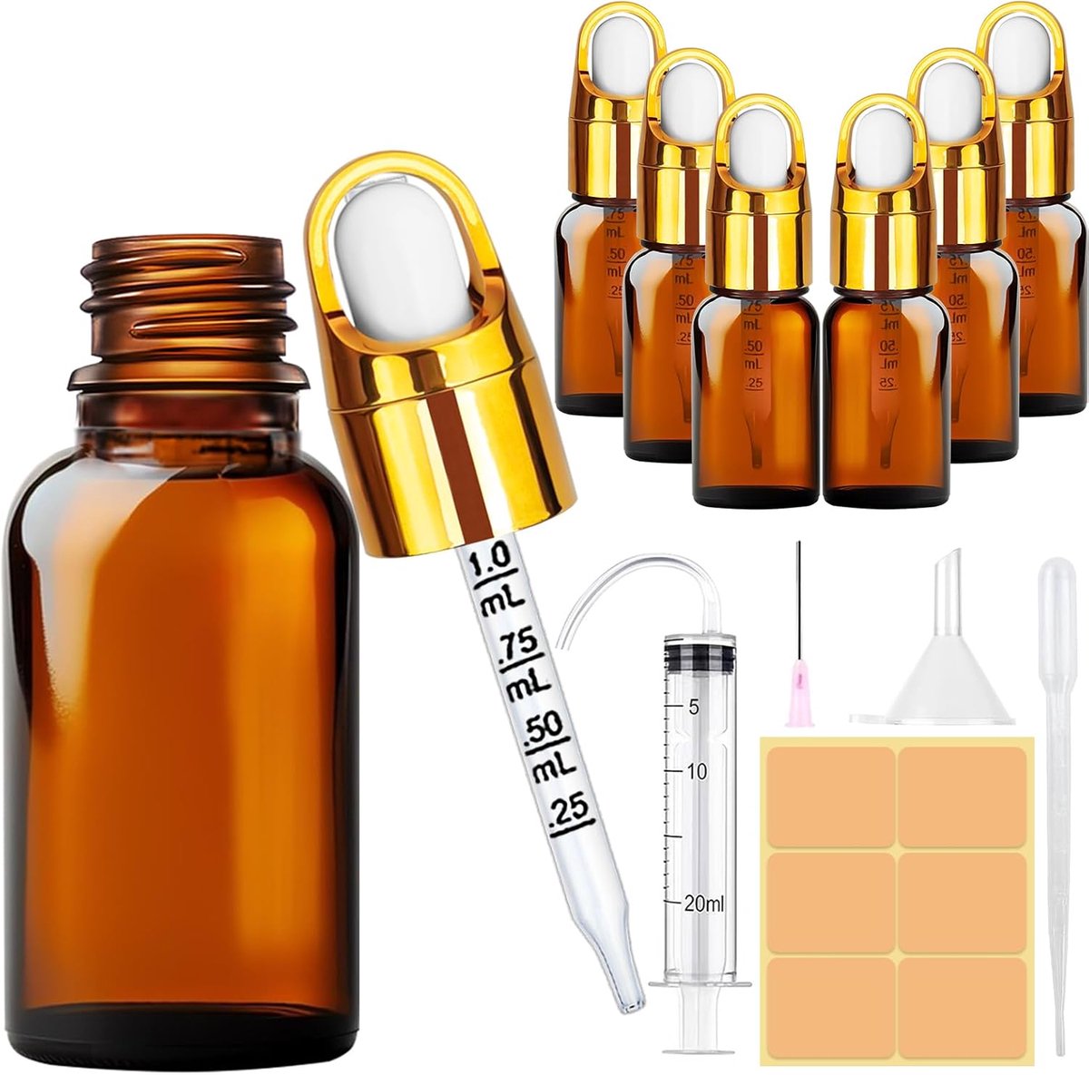 Druppelflessen van glas, amberflessen met pipet, trechter, spuit voor parfum, etherische oliën, massage, aromatherapie, laboratorium