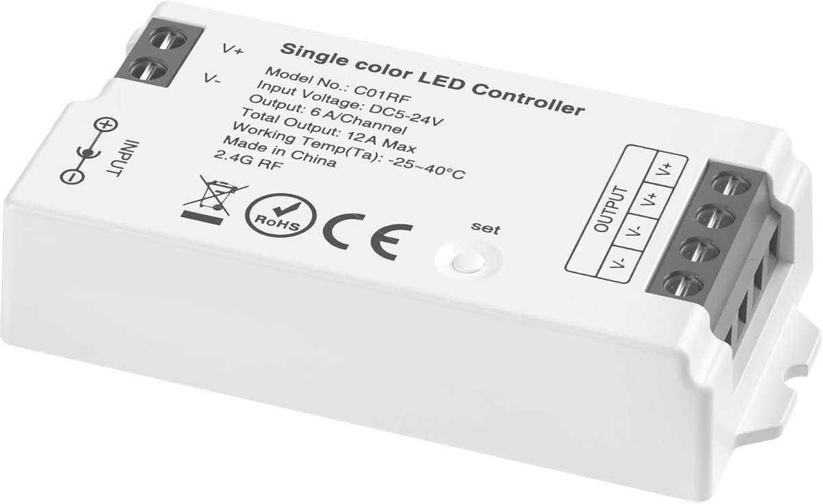 C01RF 2.4 GHz Single Color LED Controller Helderheid instelbaar Compatibel met Tuya Gateway RC01RFB Single Color Remote voor FCOB 3528 Eenkleurige LED Strip DC5-24V (geen afstandsbediening)