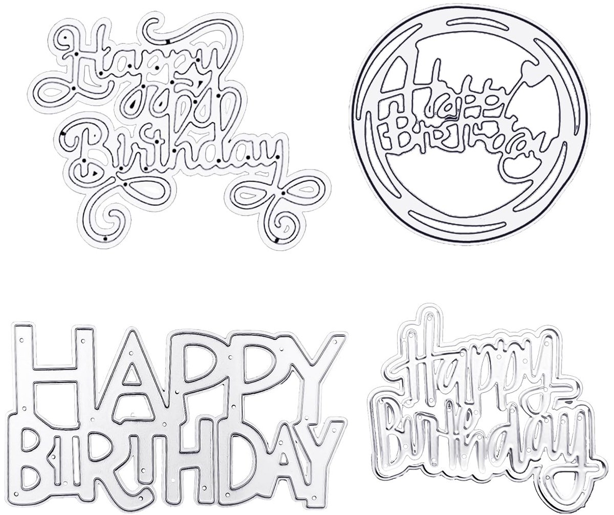 4 stuks Happy Birthday-stans, Happy Birthday-stansmachine, reliëfmeter, doe-het-zelf kaartenproductiestands, metalen stansen