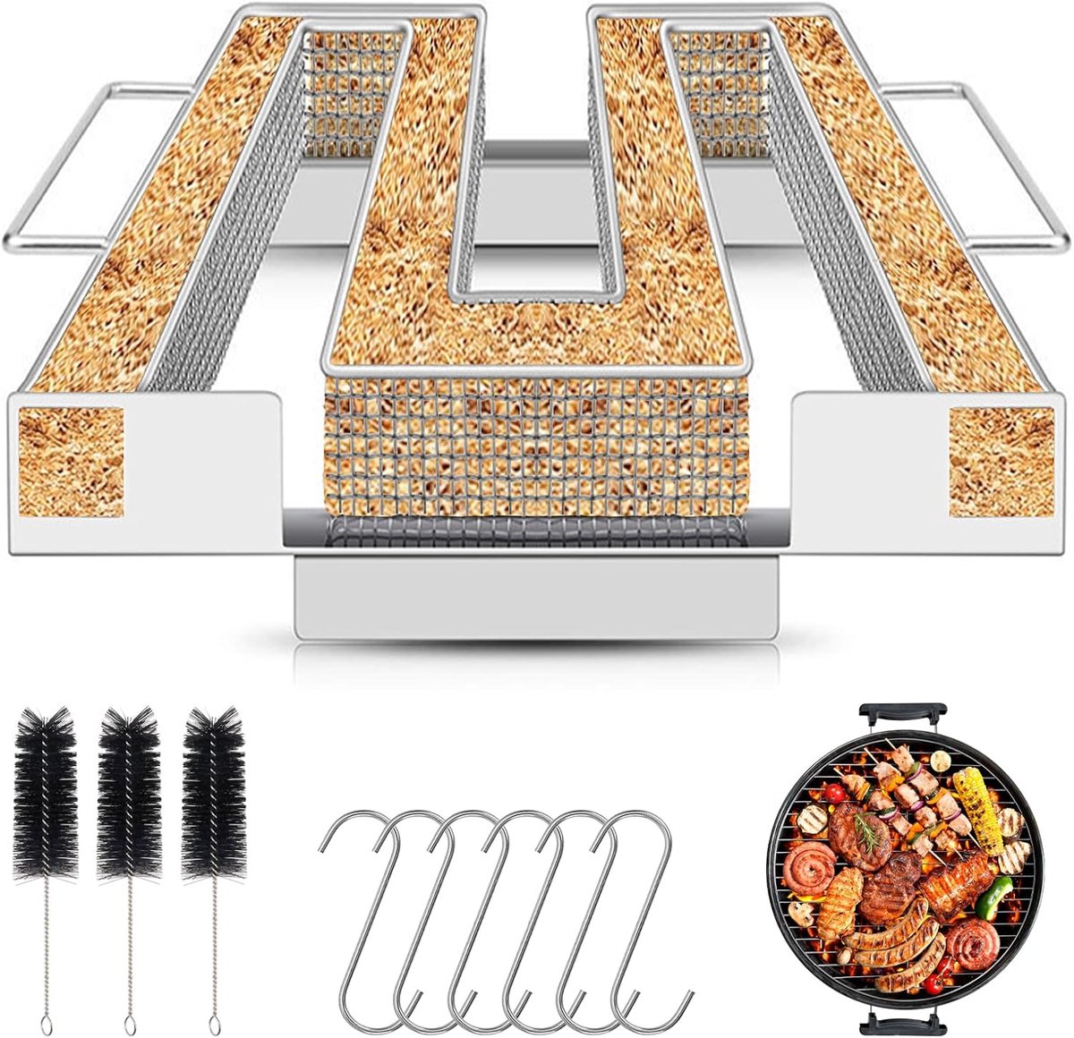 rookgenerator, koude rook, roestvrij staal, cold smoke generator met 6 borstels + 3 haken, food smoker voor grills, BBQ, kogelgrill, rookovens, herbruikbaar (22,5 x 21 x 4 cm)