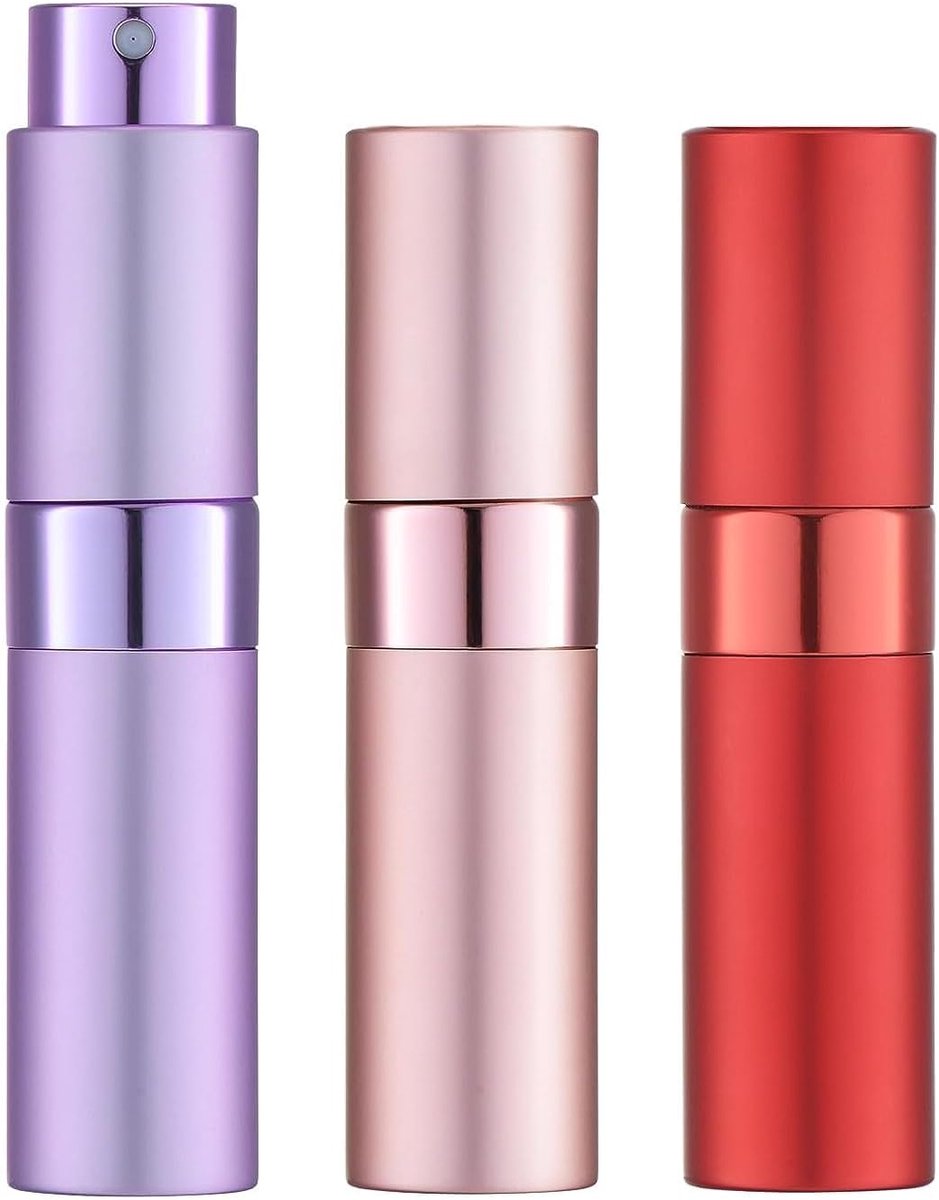Parfum Verstuiver Navulbaar 8ml Set van 3, Aluminium Reis Parfumflesjes Hervulbaar, Mini Sprayfles voor Handtas, Make-uptas, Vakantie en Onderweg, met Zakje, Trechter en Druppelaar