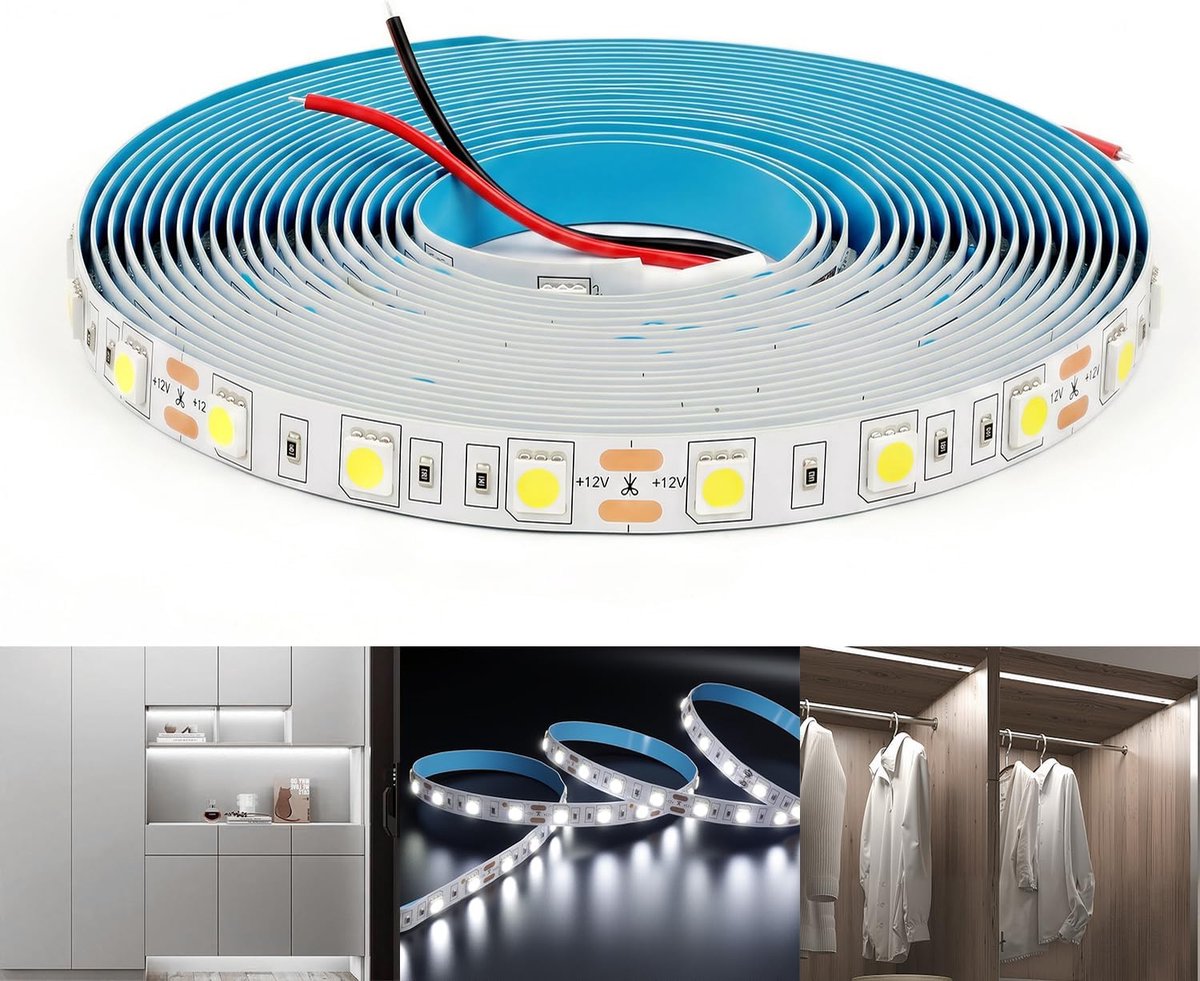 5M 300 LEDs 5050SMD LED-strip,koud wit,lichtbalk,lichtketting,lichtsnoer,12V 60LEDs/M,Snijbaar en gemakkelijk te gebruiken(koud wit, slechts 5M strip, IP20)