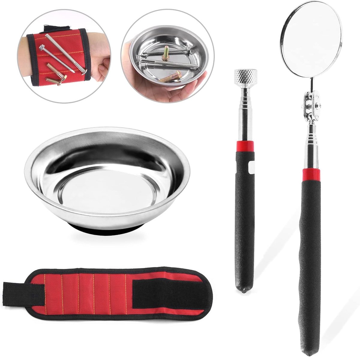 Magnetische telescopische pick-up gereedschapssets, magnetische onderdelenlade, 10 pond telescopische magneetstick, ronde telescopische inspectiespiegel en rode magnetische polsband met 15 krachtige magneten
