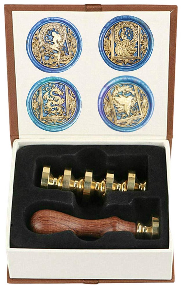Set met dierlijke waszegels met 4 afneembare messing koppen en 1 houten handvat, zeemeermin, pauw, draak, kolibrie