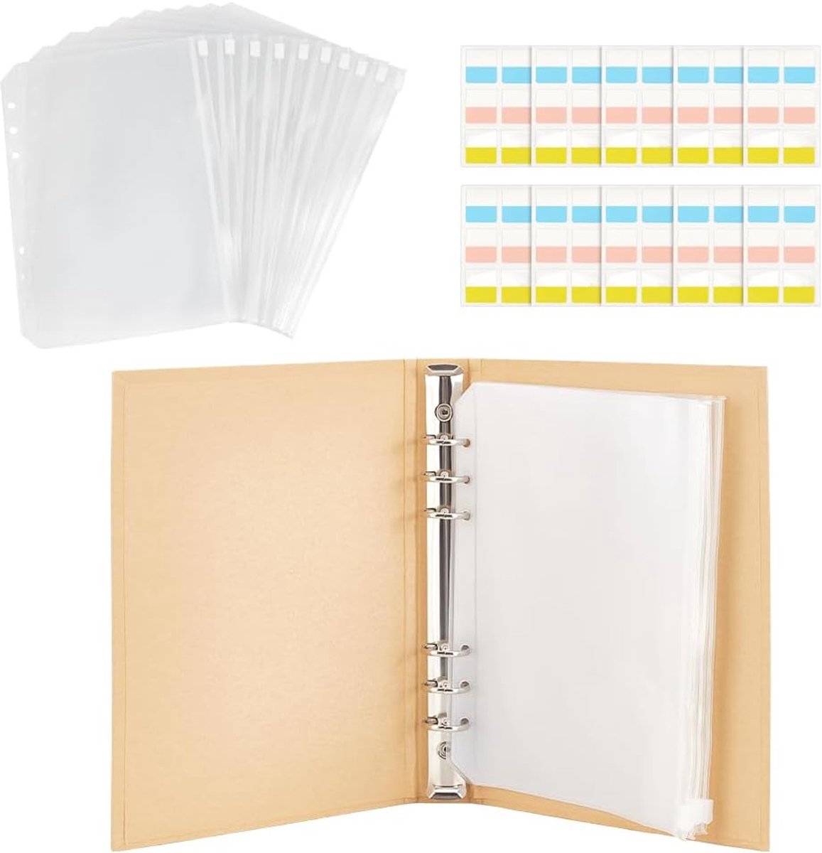 PandaHall 9.1x6.7'' Breinaalden Houder Case Set Rechthoek Breinaalden Opslag 1 st Retro Kraft Cover 24 stks Binder Zakken en 60 stks Label Papier Stickers voor Verzamelen Sorteren