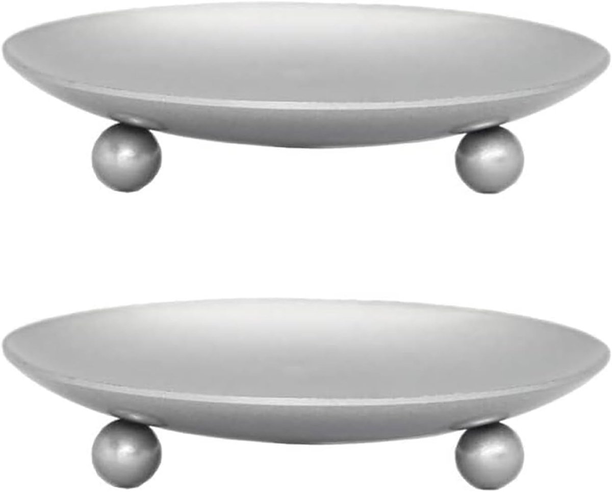 Pijlerkandelaarset van 2, IJzeren Pijlerkaarsstandaard, Vintage Pijlerkaarsplaat Dienblad, Metalen Kaarsvoetstuk, Decoratieve Kaarsstok Washouder voor Aromatherapie Kerstmis Bruiloft Zilver