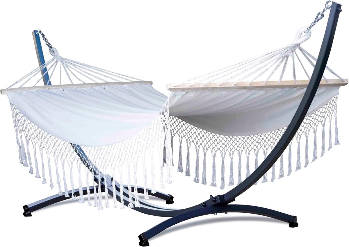 SANTIA hangmat met franjes met stalen rek, voor 2 personen, hangmat, 220 x 160 cm, draagvermogen tot 220 kg (premium - gegalvaniseerd frame, beige)