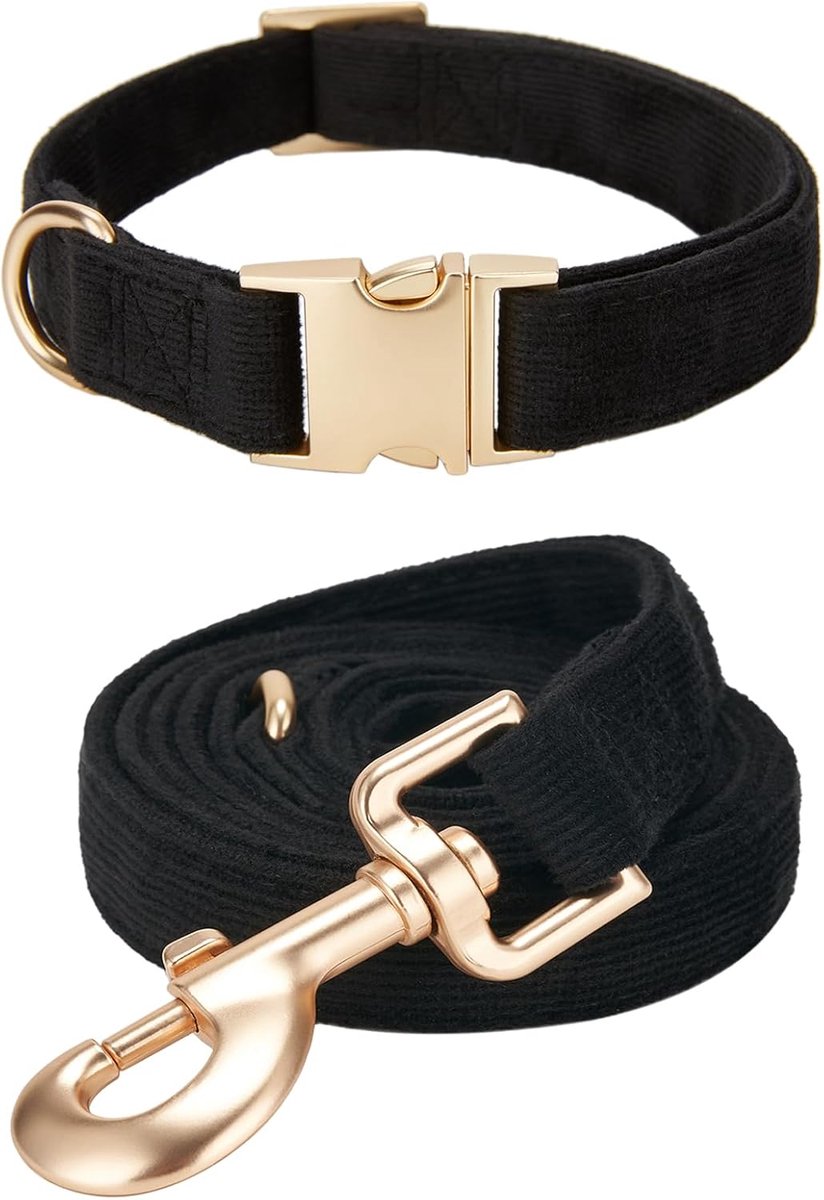 Hondenhalsband en leibandset, groot, zacht, niet-irriterend, corduroy halsband, bijpassende combo voor dagelijks wandelen, zwart