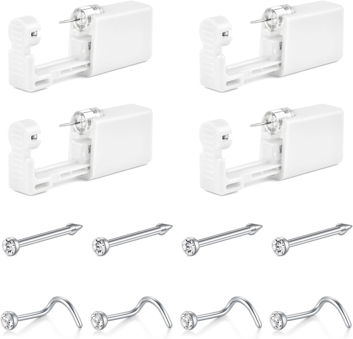 Neuspiercing set, 4 stuks, zilver, goud, zelfpiercingspistool, wegwerpveiligheidsneuspiercingset met gouden neusringen, neuspiercingspistool gereedschap