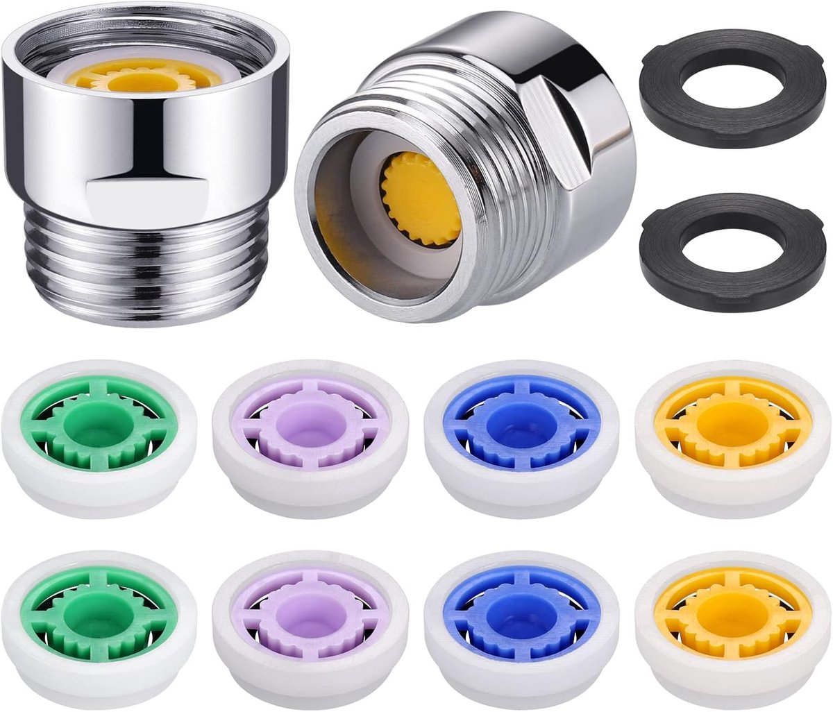 2 stuks douchestroombegrenzer, douchestroomreductiemiddel begrenzer set 1/2 inch schroefdraad maat 4, 5, 6, 7 l/min debiet, doucheregelaars met G1/2 adapter voor vaste douchekop en handheld