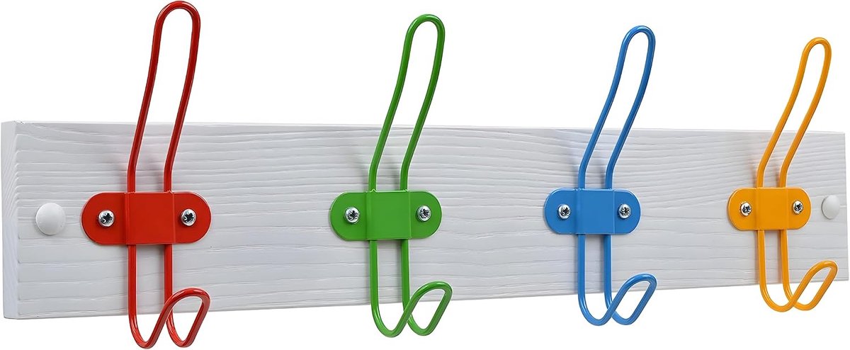 - Mat wit - 4 metalen haken - 43,5x7,5 cm - Kinderkapstok met gekleurde haken - Kinderkapstok - Hout - Wandkapstok