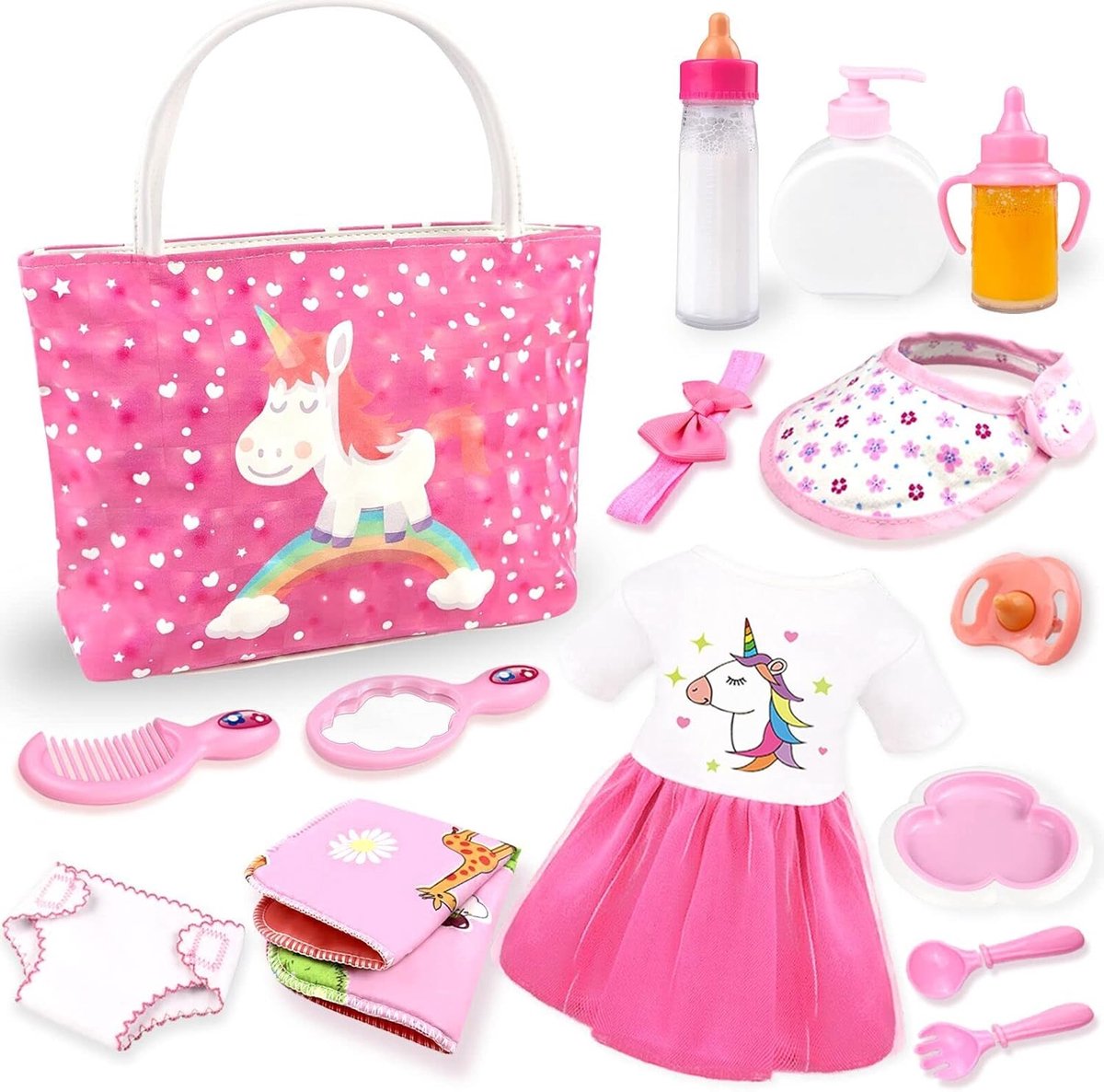 Babypop Accessoires - Babypop Voeden en Verzorgen Set met Luiertas Flessen voor Meisjes Speelgoed Cadeau, Kleding voor Knuffelpop past op 35,6-40,6 cm en 45,7 cm Pop