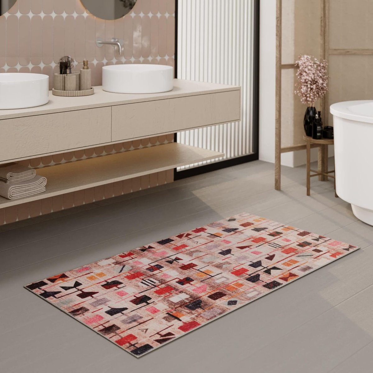 Badmat van WECONhome wasbaar en antislip met zijn oosterse design voor een stijlvolle badkamer - Nelson (55 x 65 cm, kleurrijk)