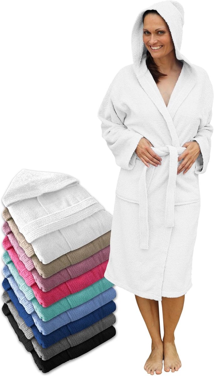 Damesbadjas met capuchon 100% katoen - Unisex badjas van badstof 450 g/m², met ceintuur en zakken, ideaal na douche, bad of zwembad