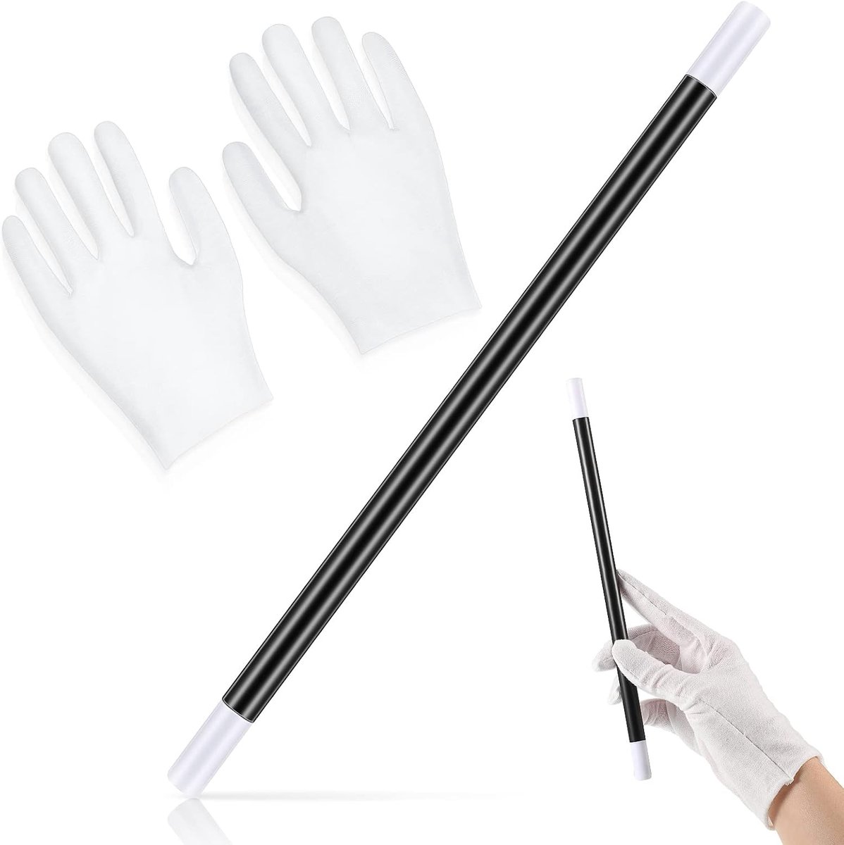 9,6 inch lange toverstaf van kunststof, zwart en wit, truc toverstaf met witte feesthandschoenen voor tovenaar, heks, goochelaar kostuum, verkleden, verjaardag, spelaccessoires
