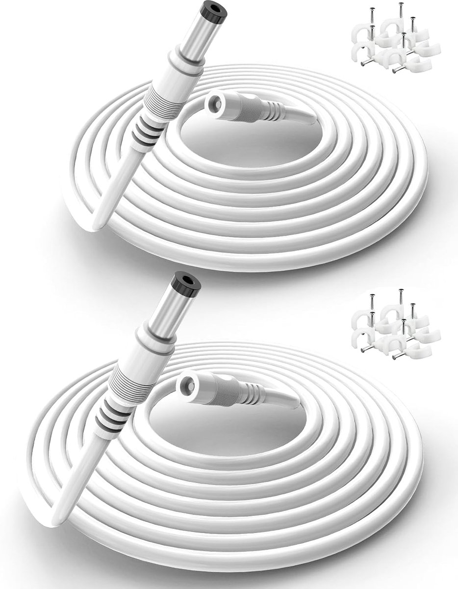 10 Meter 12 Volt Verlengkabel, Compatibel met CCTV TAPO-Camera, 12 Volt Netvoeding, DVR, TV-Box, Compatibel Stroomkabel, 2,1 mm x 5,5 mm Steker naar Aansluiting, 2-Pack (Wit)