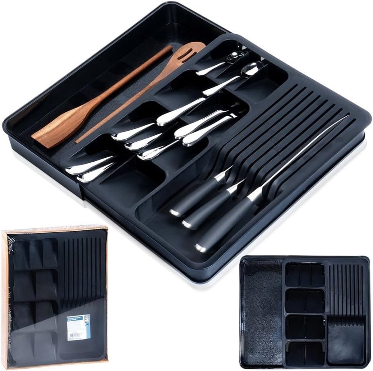 Lade-inzet bestekbak organizer bestekbak uittrekbaar zwart 40x31 cm