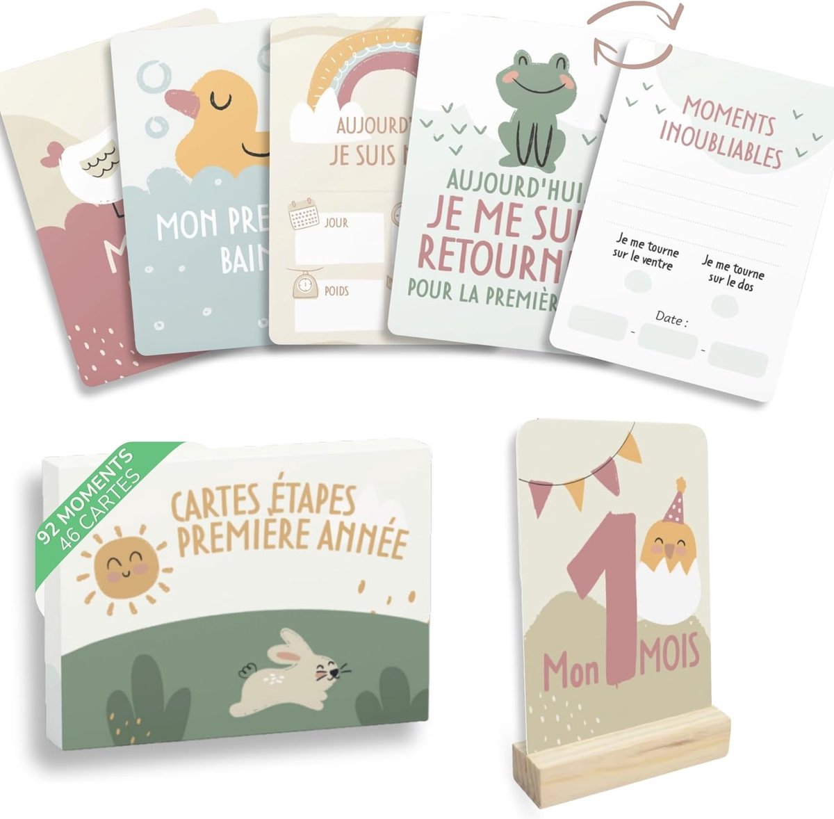 Kaarten voor de maand van de baby om de bijzondere mijlpalen te volgen, 46 maandkaarten als cadeau voor pasgeborenen, verjaardagskaart ter aanvulling van foto's (Frans)