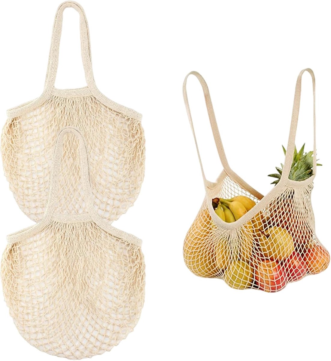 Set van 2 boodschappentassen van katoen, herbruikbaar, beige, boodschappentas van katoen met lange handgreep voor het bewaren van groenten en fruit