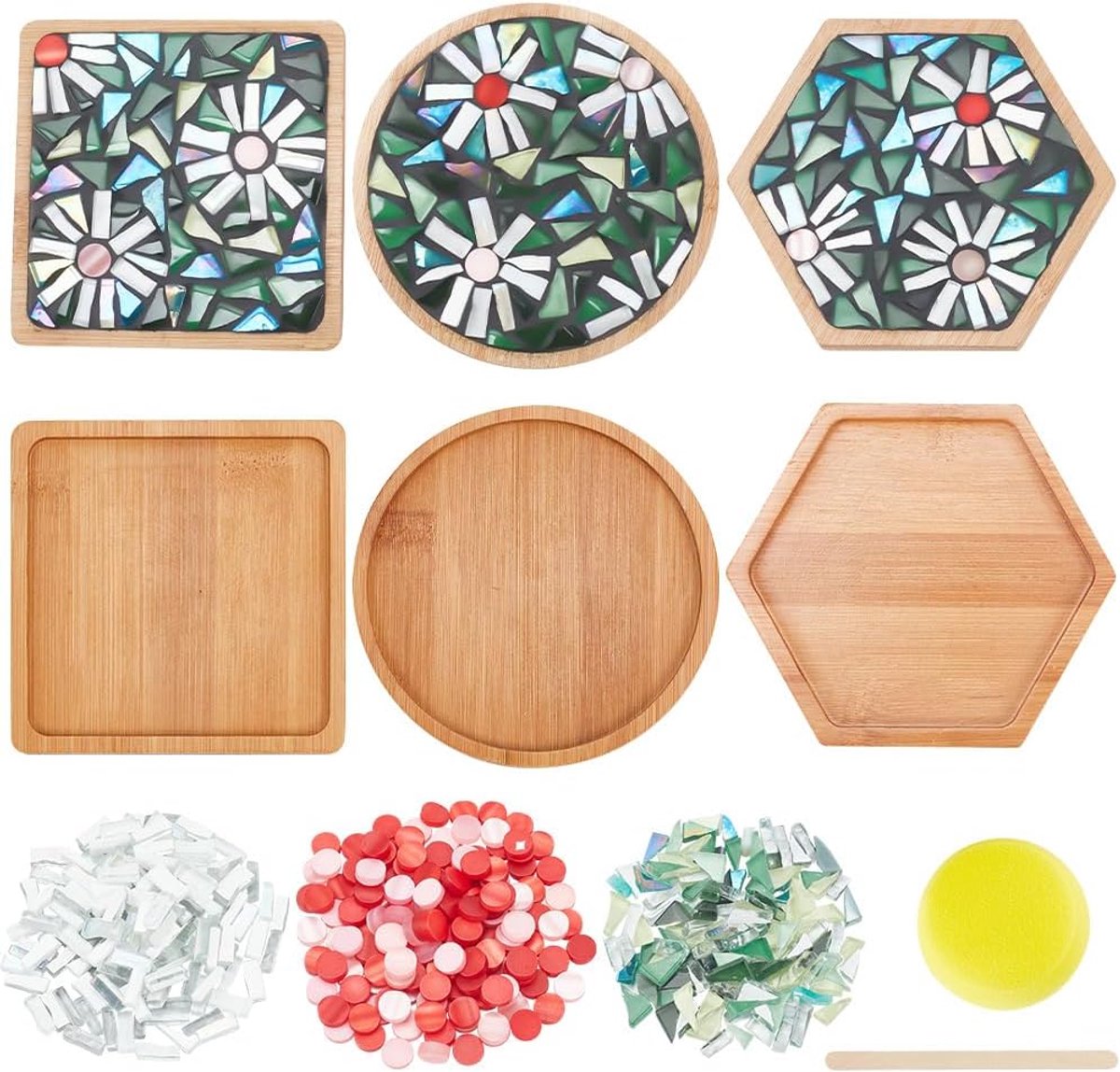 3 Stijlen DIY Mozaïek Craft Kit Bloem Mozaïek Bamboe Onderzetters Mozaïek Kits voor Volwassenen Beginner, Groen Glas Mozaïek Tegels Stukken met Blanco Base Tray voor Handgemaakte Art Home