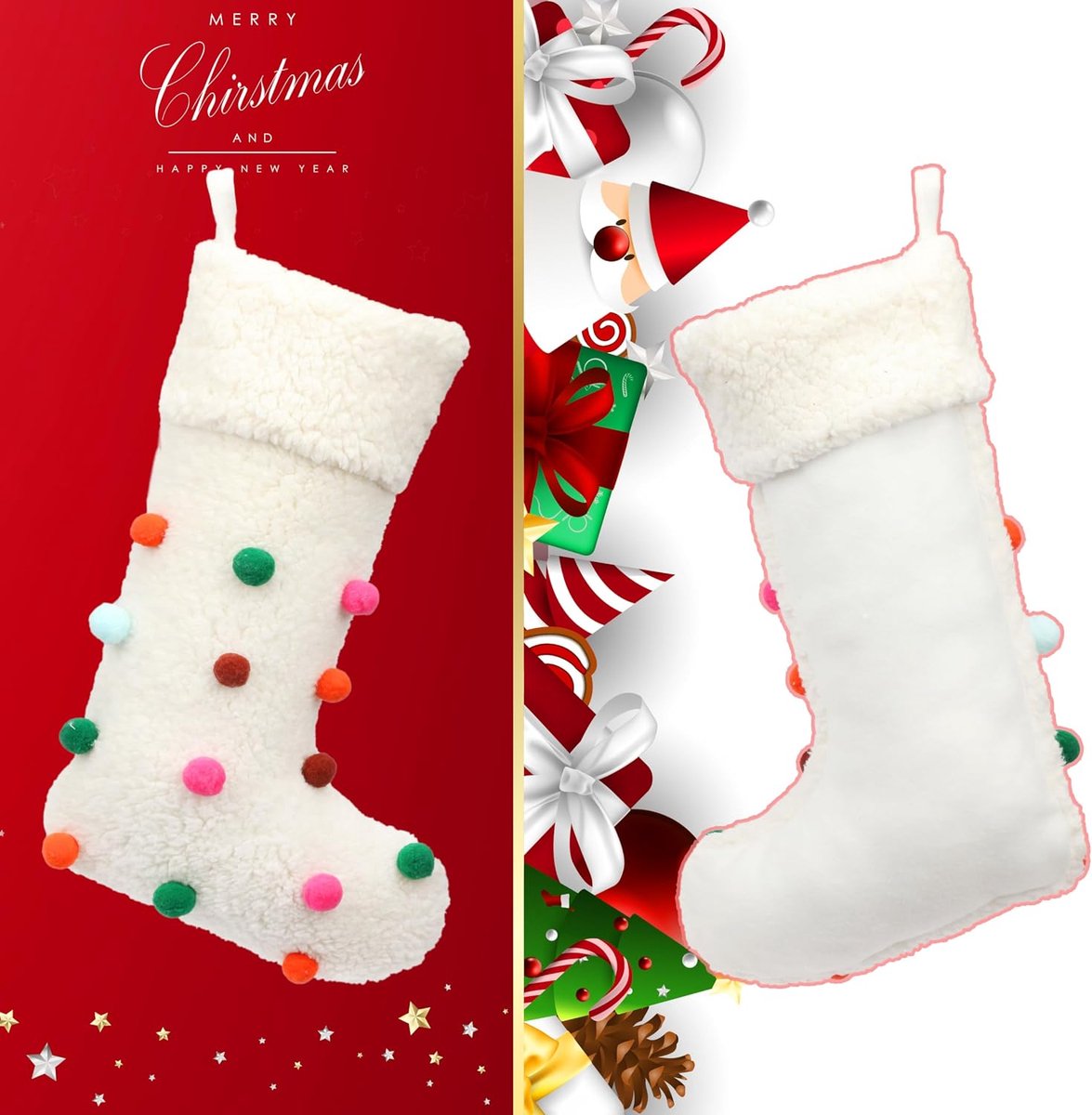 Grote Pompon Kerstsok Boho-Stijl Sokken Ultrazachte Berber Fleece Sokken Ornament Luxe Cadeauzakjes Voor Familie Kerstboom Feestartikelen, Crème, 50 cm