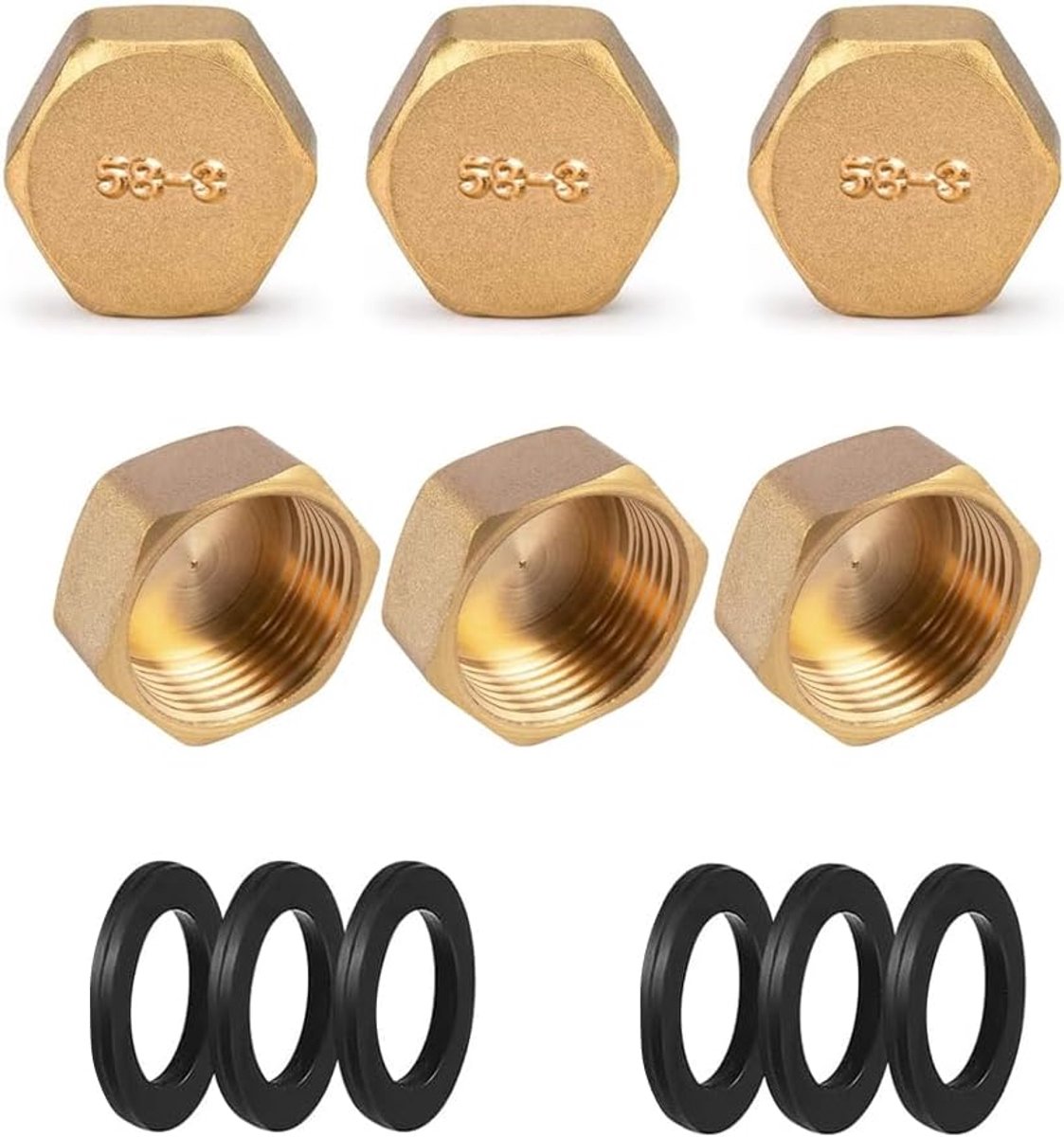 Set van 6 zeshoekige messing blindstoppen met rubberen ringen voor slangaansluiting (3/4 inch)