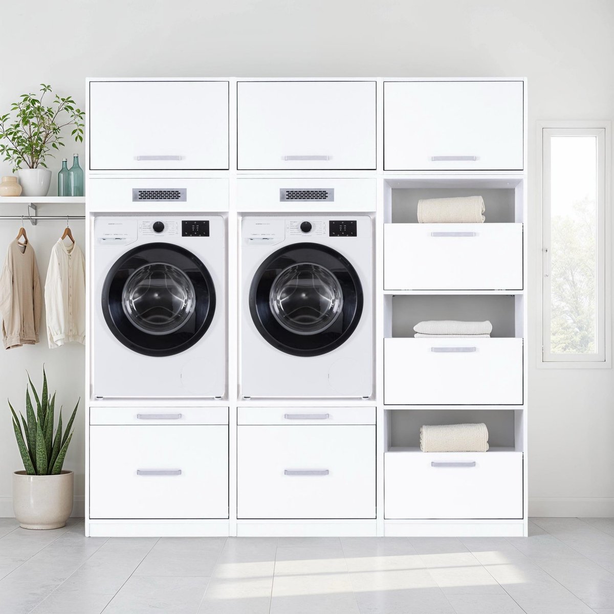 Interlink Lifestyle Studio Flow wasruimtecombinatie Bundel 2 wit - Complete wasruimte met 6 elementen - 2 wasmachinekasten, 3 bovenkasten en wasmandkast - Softclose - 201 x 68 x 208 cm