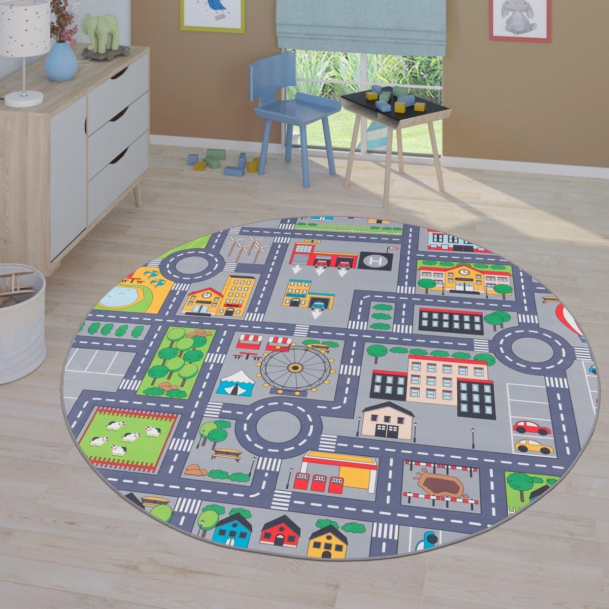 Home Vloerkleed Kinderkamer Meisjes Jongens Antislip Modern Straat Autos, Kleur:Grijs 3, Maat:160 cm rond