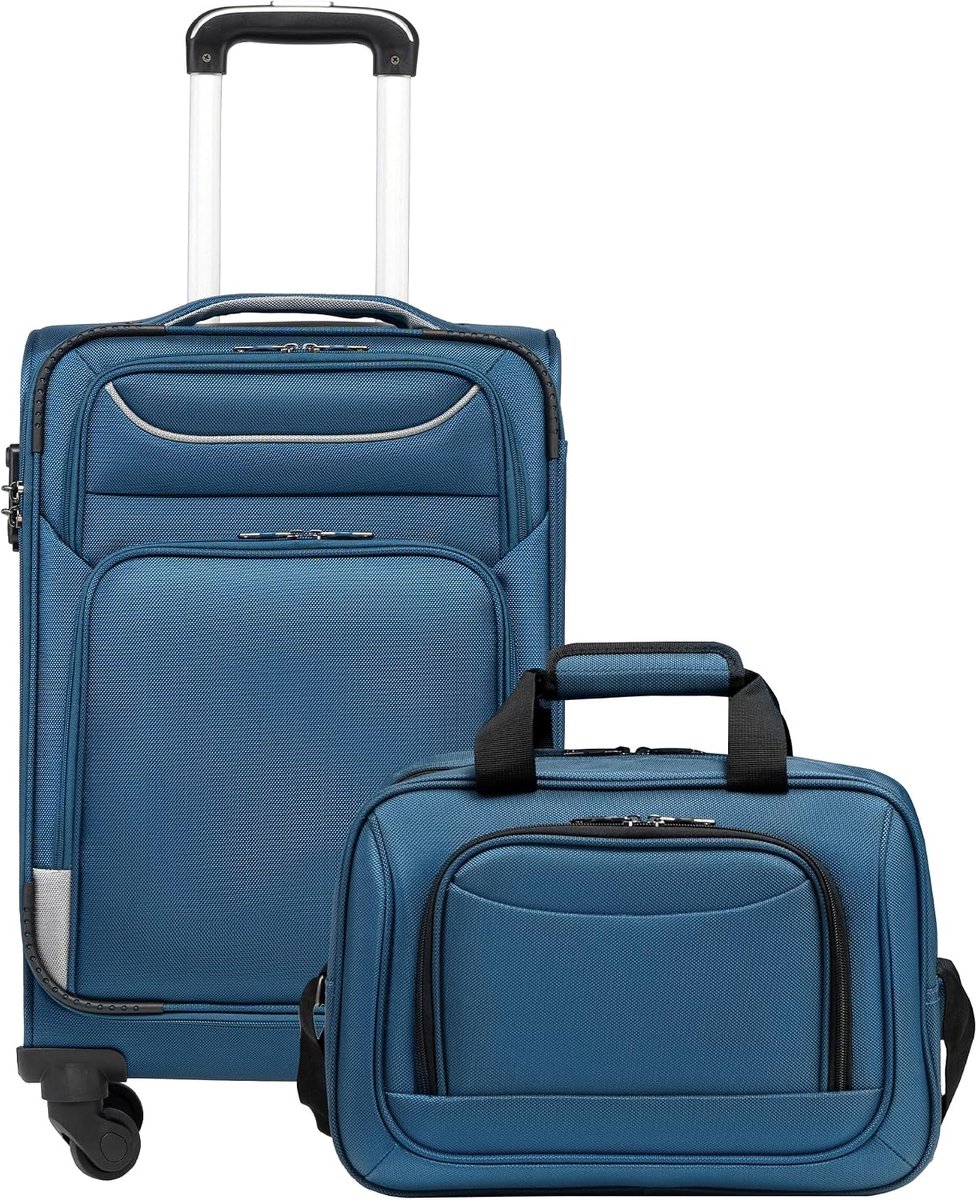 Trolley Reiskoffer Met 4 Wielen, Stoffen Handbagage, TSA-Slot, Grote Schoudertas, Blauw + Zilver, Handgepäck-Set 2tlg, Softbox Van Oxford-Stof