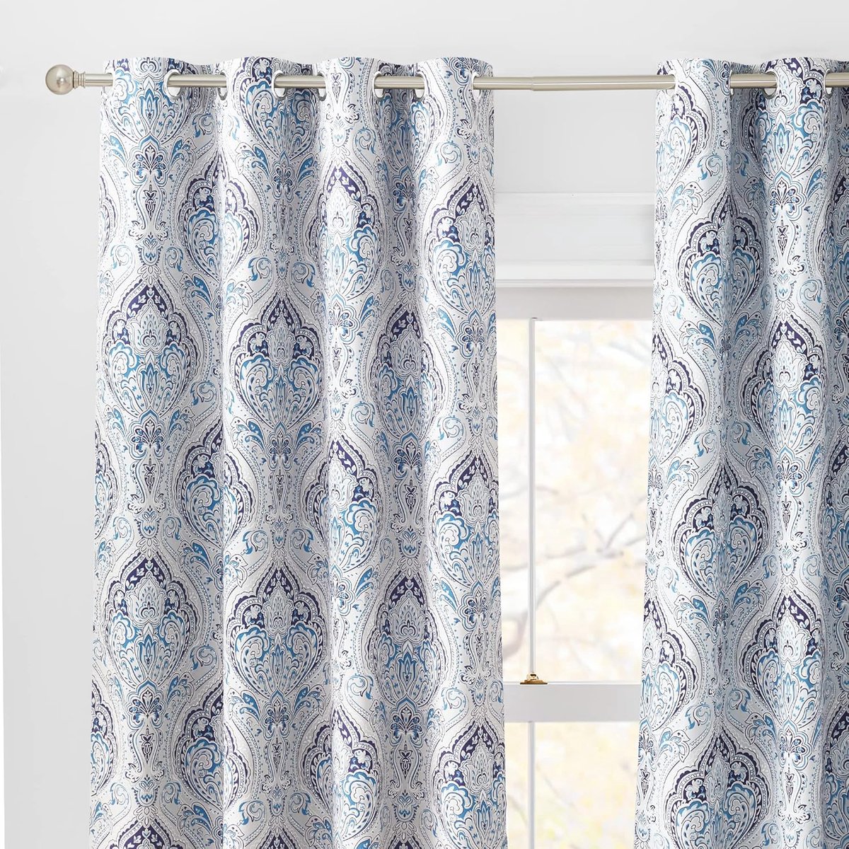 Gordijnen 84 inch lengte - blauwe verduisterende gordijnen voor slaapkamer doorvoertule top damast geometrie raamdecoratie voor keuken woonkamer, blauwe grot, B 132 x L 84 inch, 1 paar