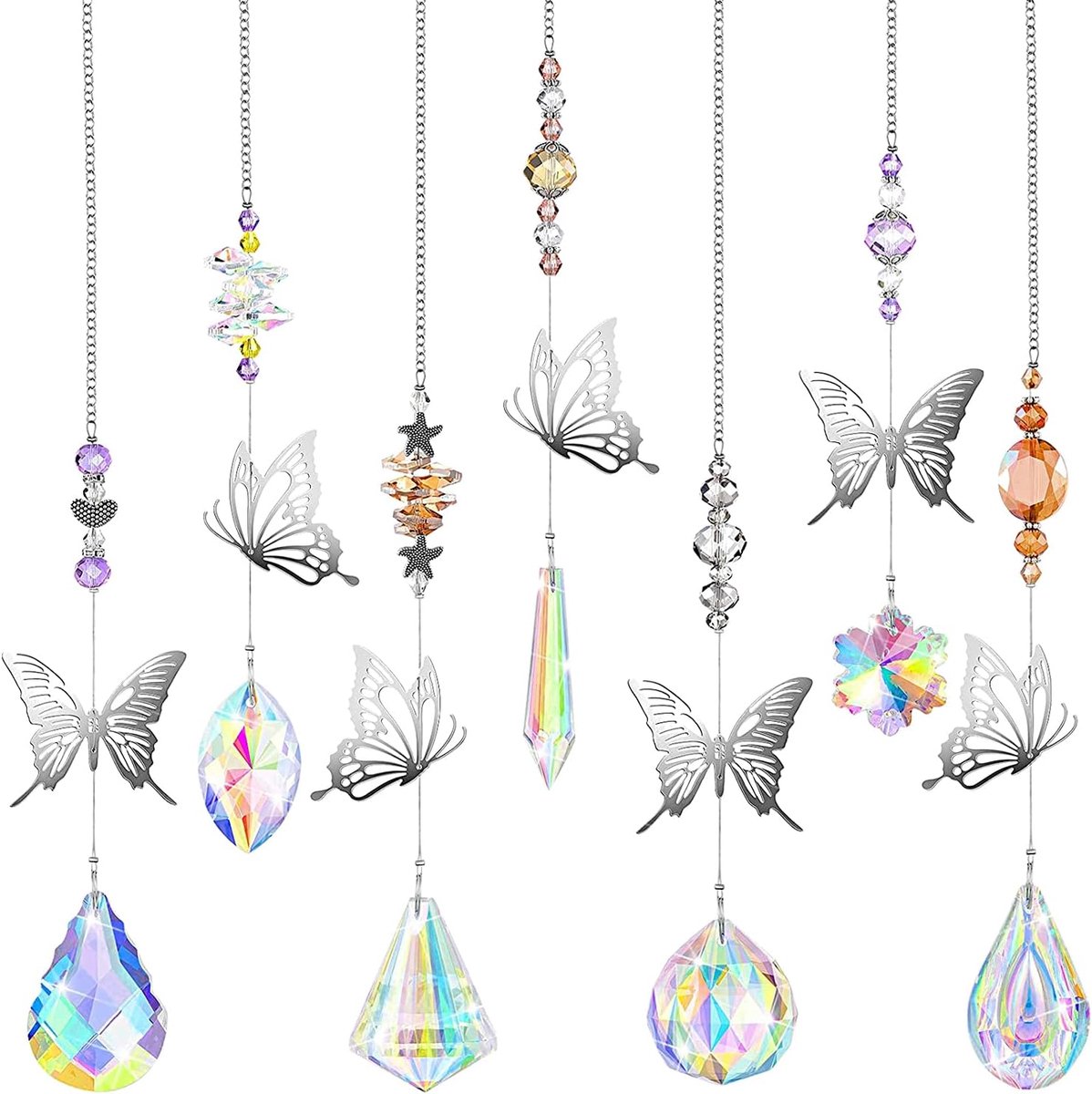 zonnevanger, raamdecoratie, hanger, 7 stuks, vlinder, raamdecoratie, hangend glas, prisma-hanger, regenboog, zonnevanger voor thuis, raam, tuin, decoratie