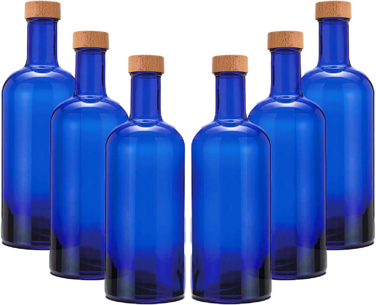 Flessen van blauw glas voor zonnewater, model Iside, 750 ml, met schroefdop van gecoat aluminium, van hout, fles plasticvrij